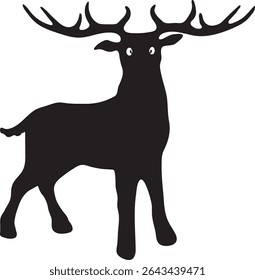 Deer silhouette vector illustration in black and white style showing a wild stag with antlers