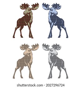 Deer Silhouette Vector Illustration. Moose Silhouette With Textile Texture. Stag Contour With Plaid Pattern Isolated On White Background
