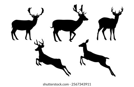 Deer silhouette vector illustration set. Deer cartoon element. Deer with antlers jumping agilely illustration.