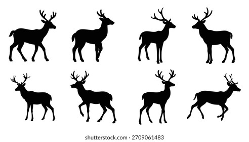 Conjunto de Vector de silueta de ciervo con astas para diseños de vida silvestre y naturaleza