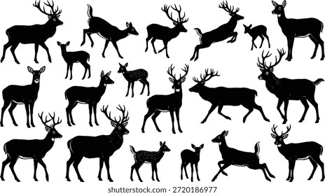 Deer silhouette vector set, black animal icons, standing, walking, leaping deer poses, antlered and fawn shapes, wildlife illustration, nature graphic, editable design elements, printable art collection