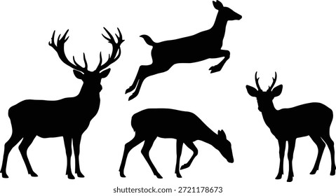 Conjunto de Vector de silueta de ciervo, poses de vida silvestre negra, tema de la naturaleza, comportamiento animal, ilustración forestal, Gráficos para video que pastan y saltan
