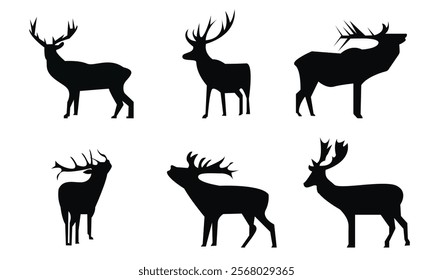 Deer silhouette vector set, Deer silhouette hunting silhouettes pack, Deer vector set, animals silhouette set, Black reindeer silhouettes.	
