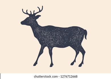 Deer, silhouette. Vintage logo, retro print, poster for Butchery meat shop, deer silhouette. Logo template for meat business, meat shop. Isolated black white silhouette deer. Vector Illustration