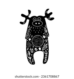 Silueta de ciervo con elementos florales blancos. Reindeo estilizado con un sencillo estilo escandaloso. Arte escandinavo de guardería. Ilustración vectorial en blanco y negro. Locuta decorativa moderna de boho. 