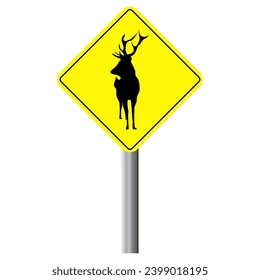 Deer silhouette wildlife crossing sign board vector illustration icon.Readily editable eps10 wild animal yellow sign graphic element.Beautiful and unique horned deer bright yellow caution boards.