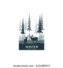 Deer Silhouette And Winter Pine Forest For Wild Nature Logo Vector Design