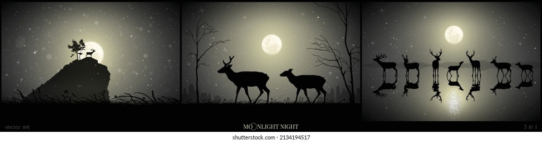 Deer silhouettes. Animals family on moonlight night. Black white set