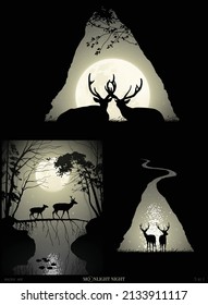 Deer silhouettes. Animals family outline. Full moon. Black white set