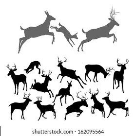 Deer silhouettes including fawn, doe bucks and stags in various poses. Includes family group of stag doe and fawn running and jumping together