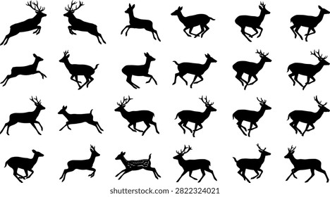 Deer Silhouettes Pattern of Antlered Animals in Black Vector Style on White Background for Wildlife Design