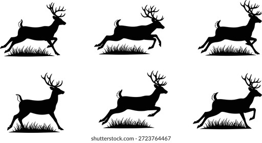 Deer silhouettes running in grassy field