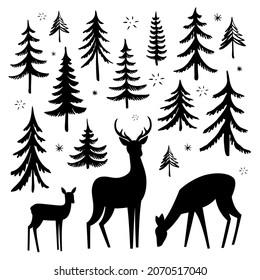 Deer silhouettes. Set of hand drawn Christmas trees isolated on white background. Fir tree silhouettes. Vector illustration.