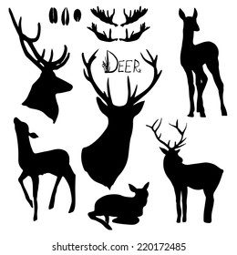 Deer silhouettes set. Hand drawn isolated vintage illustration