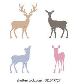 Deer silhouettes set. Hand drawn isolated vintage illustration.