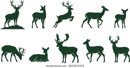 Deer Silhouettes in Various Poses and Actions, Including Standing, Walking, and Leaping Featuring Silhouette, Wildlife, Nature
