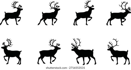 Deer silhouettes in various poses isolated on transparent background
