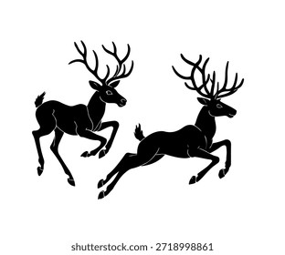 Silhuetas de veados Ilustração vetorial. Silhueta preta do veado no fundo branco para o design de Natal. Não é IA