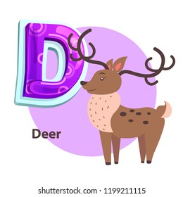 Deer silvan animal with big curved horns for D letter presentation. Zoo ABC flashcard sample with cartoon character for english alphabet remembering.