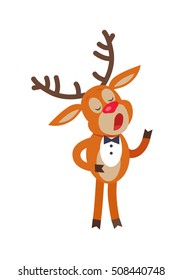 Deer singing song isolated on white Reindeer in suit sing carols. Deer singer in flat style design. Cute cartoon mammal posing for New Year or Christmas Greeting card. Deer in bow. Vector illustration