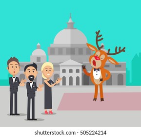Deer singing song near the conservatory. Reindeer in suit sing opera. Audience applause to him. Deer singer in flat style design. Cute cartoon mammal posing. Deer in bow. Vector illustration