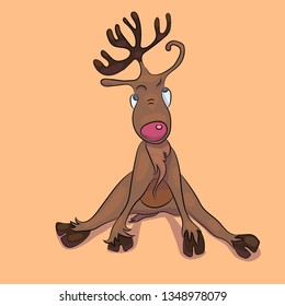 A deer sitting on the floor and looking up. Playful character. Vector illustration.