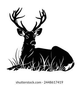 A deer sitting on grass black silhouette, nature deer silhouette illustration