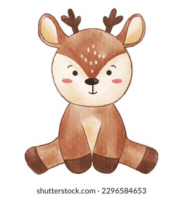 Deer is sitting . Watercolor paint design . Cute animal cartoon character . Vector .