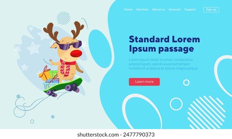 Deer skateboarding with Christmas boxes vector illustration. Present, delivery, extreme sport, holiday coincept for web design, banner or landing page