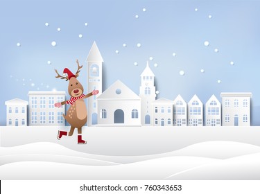 Deer skating play in city town paper art background. Winter season paper cut style illustration
