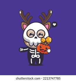 deer with skeleton costume holding halloween pumpkin. Cute halloween cartoon illustration. 