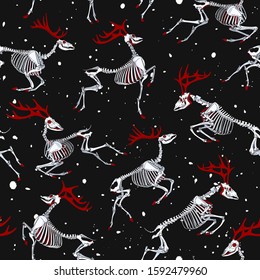 Deer skeleton. Seamless pattern with skull and bones of red horned deers.