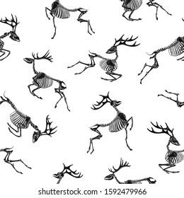 Deer skeleton. Seamless pattern with skull and bones of horned deers. Black and white.
