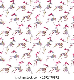 Deer skeleton. Seamless pattern with skull and bones of horned deers.