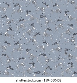 Deer skeleton. Seamless pattern with skull and bones of horned deers.