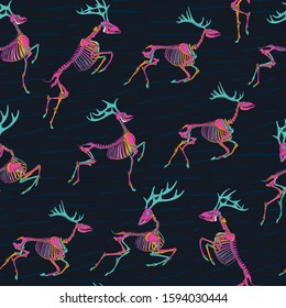 Deer skeleton. Seamless pattern with skull and bones of horned deers.