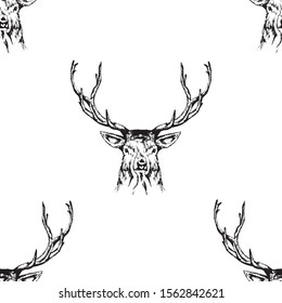 Deer sketch seamless pattern. Animal background black and white