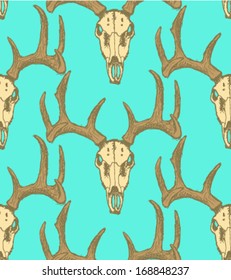 Deer sketch skull, vector seamless pattern