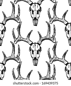Deer sketch skull, vector seamless pattern
