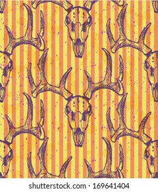 Deer sketch skull, vector seamless pattern