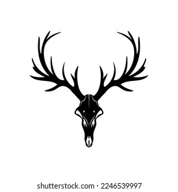 Deer skull with antlers, black silhouette, Deer hunting, Deer skull clipart isolated on white background