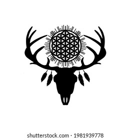 Deer skull with antlers and feathers. Ethnic skull with sun ornament