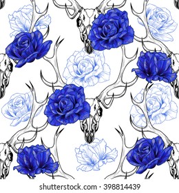 Deer skull and beautiful blue roses on a white background . Vector seamless pattern