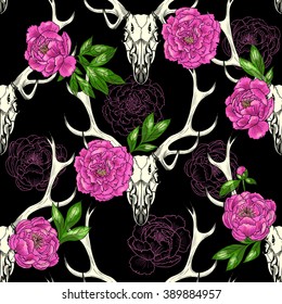 Deer skull  and beautiful peonies on a black background . Vector seamless pattern