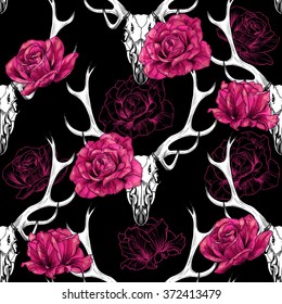 Deer skull and beautiful pink roses .  Vector seamless pattern