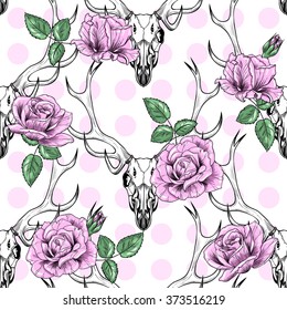 Deer skull and beautiful roses . Vector seamless pattern