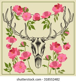 Deer skull with big antlered, flowers peonies. Graphic style. Vector illustration
