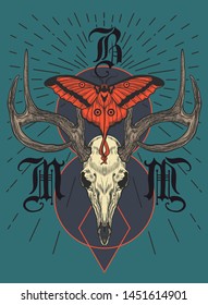 Deer skull big horns moth pattern t-shirt design.