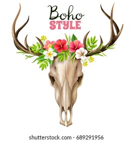 Deer skull in boho style decorated with floral elements on wide background realistic vector illustration