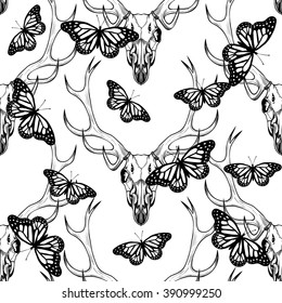Deer skull and  butterfly.  Vector seamless pattern